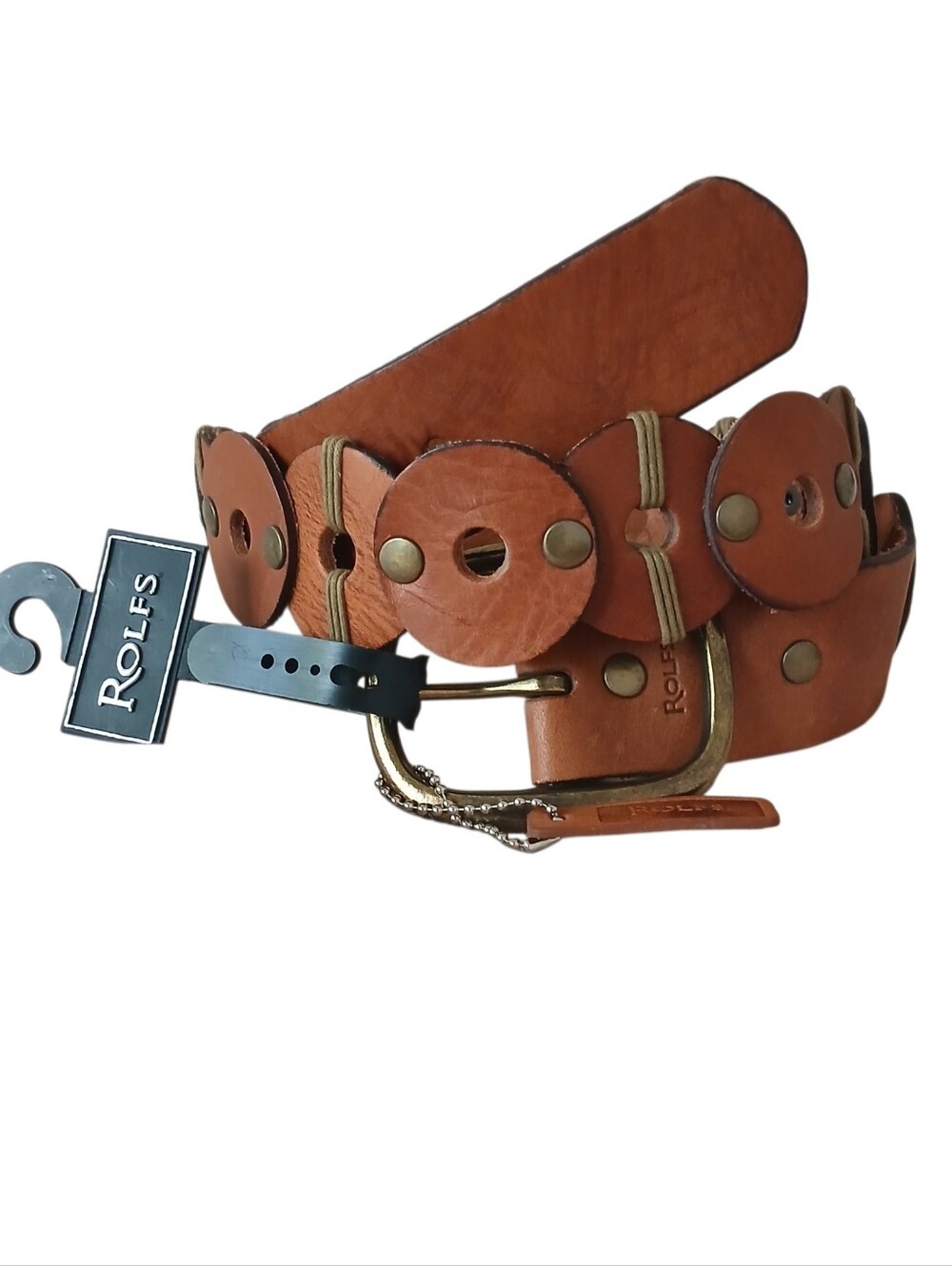 VINTAGE NWT Rolfs Circular Linked Leather Belt Women's L Brown Brass Boho Stud